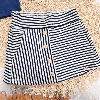 Conj. Cropped to the ocean e Short Saia Listrado em Linho - Marinho